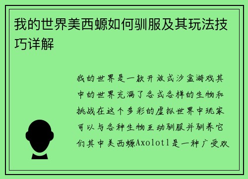 我的世界美西螈如何驯服及其玩法技巧详解